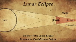 diagram explaining what causes a lunar eclipse, showing the Earth sitting between the sun and the moon and casting a shadow on the lunar surface.