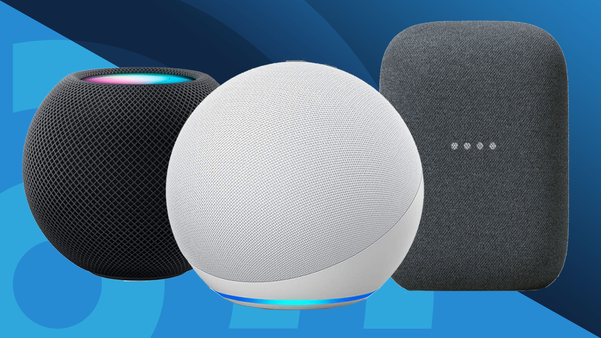 Three smart speakers on blue background