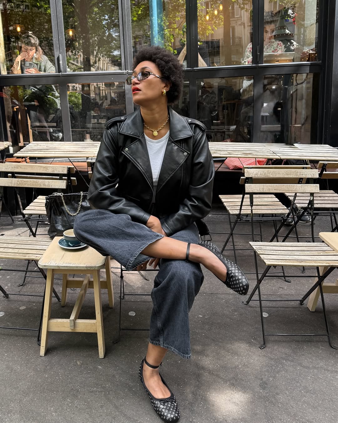 Leather jacket and jeans outfit