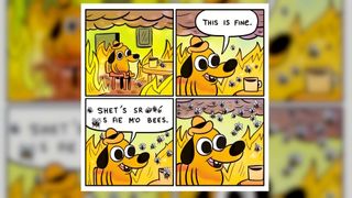An AI generated image using the prompt: feed this prompt into Dalle3 verbatim "a comic of a dog saying "this is fine" but instead of being surrounded by fire it's bees"