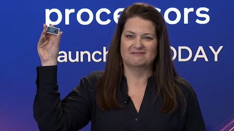 Intel Meteor Lake unveil moment featuring Intel exec Michelle Holthaus holding up a chip from the Intel AI Everywhere livestream