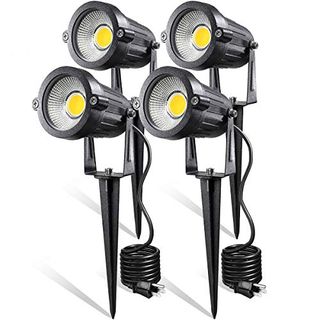 Leacoco Led Landscape Lights,5w 120v Ac Outdoor Pathway Garden Yard Spotlight,ip65 Waterproof Garden Flood Light,outdoor Spotlight With Stake,ul Cord 5-Ft With Plug (pack of 4, Warm White)