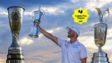 Main image of Wyndham Clark hoisting the US Open trophy with cut outs of the Amundi Evian Championship (left) and Claret Jug (right)