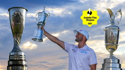 Main image of Wyndham Clark hoisting the US Open trophy with cut outs of the Amundi Evian Championship (left) and Claret Jug (right)