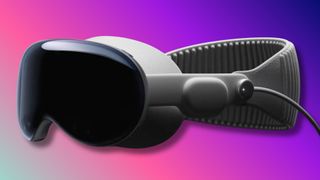 An Apple Vision Pro headset in front of an abstract purple background