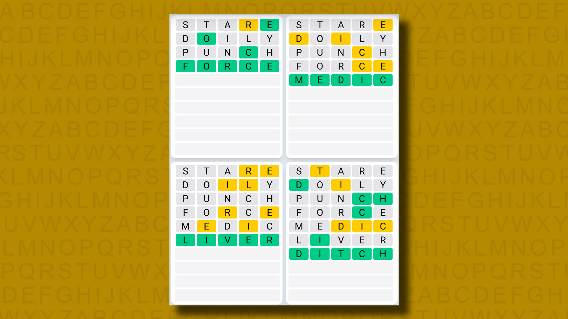 Quordle daily sequence answers for game 863 on a yellow background