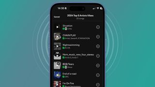 A phone on a green background showing Spotify's AI playlists