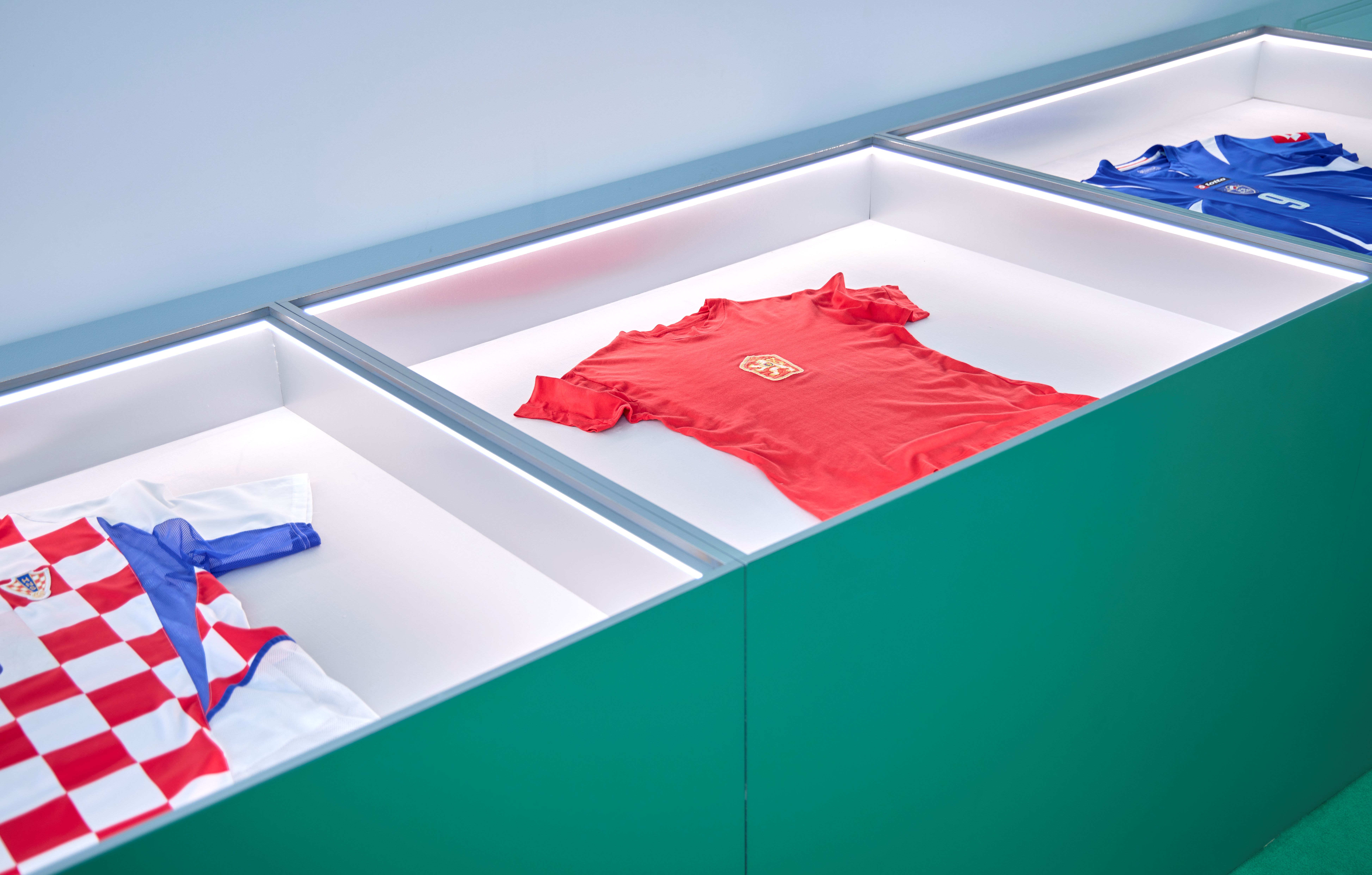 Football jerseys on display at Home of Football: Home &amp;amp; Away