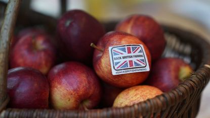 A 'Back British Farming' sticker adorns an apple during the National Farmers Union annual conference earlier this year