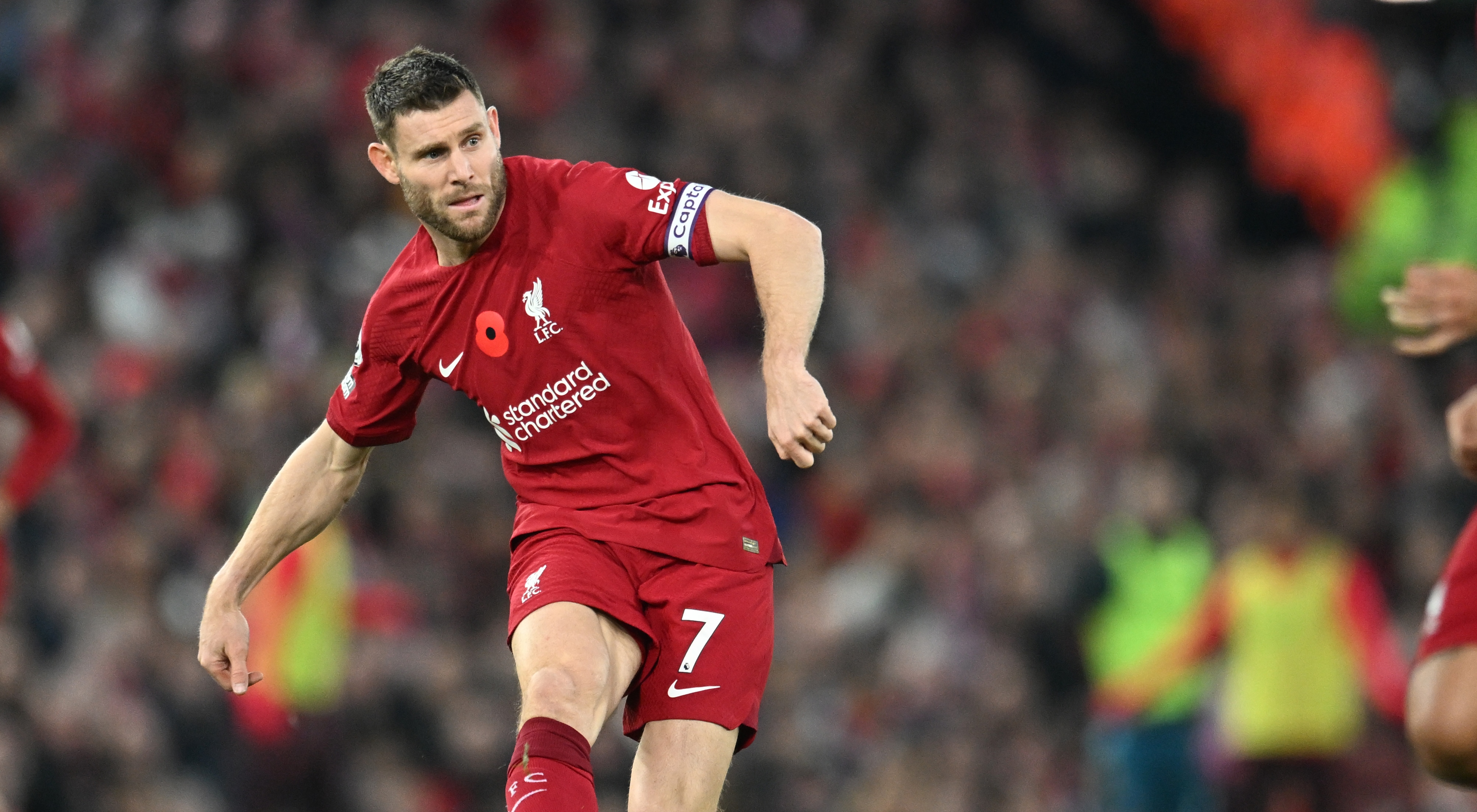 Liverpool midfielder James Milner passes the ball during the Premier League match between Liverpool and Southampton on 12 November, 2022 at Anfield, Liverpool, United Kingdom