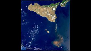 A volcanic plume from Italy's volcano Mount Etna seen above the Mediterranean Sea by Europe's Earth-observing satellite Sentinel-3 on Monday, Aug. 14, 2023.