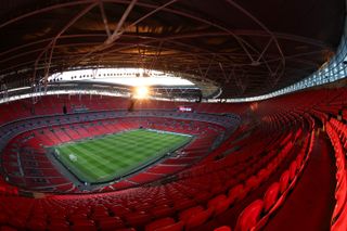 General view of London's Wembley Stadium ahead of the Nations League match between England and the Netherlands in December 2023.