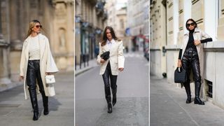A composite of street style influencers showing how to style leather leggings with knee high boots