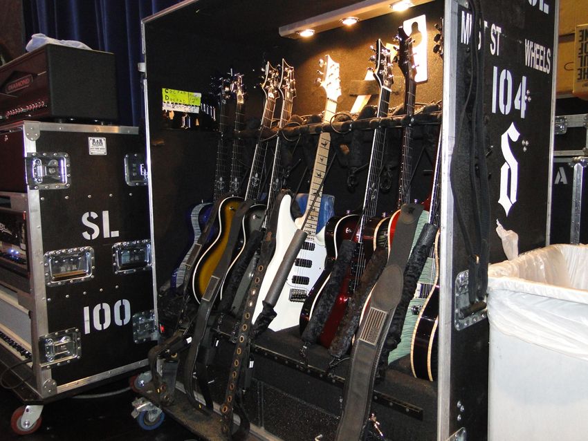Myers' guitar road case is filled with PRS goodness