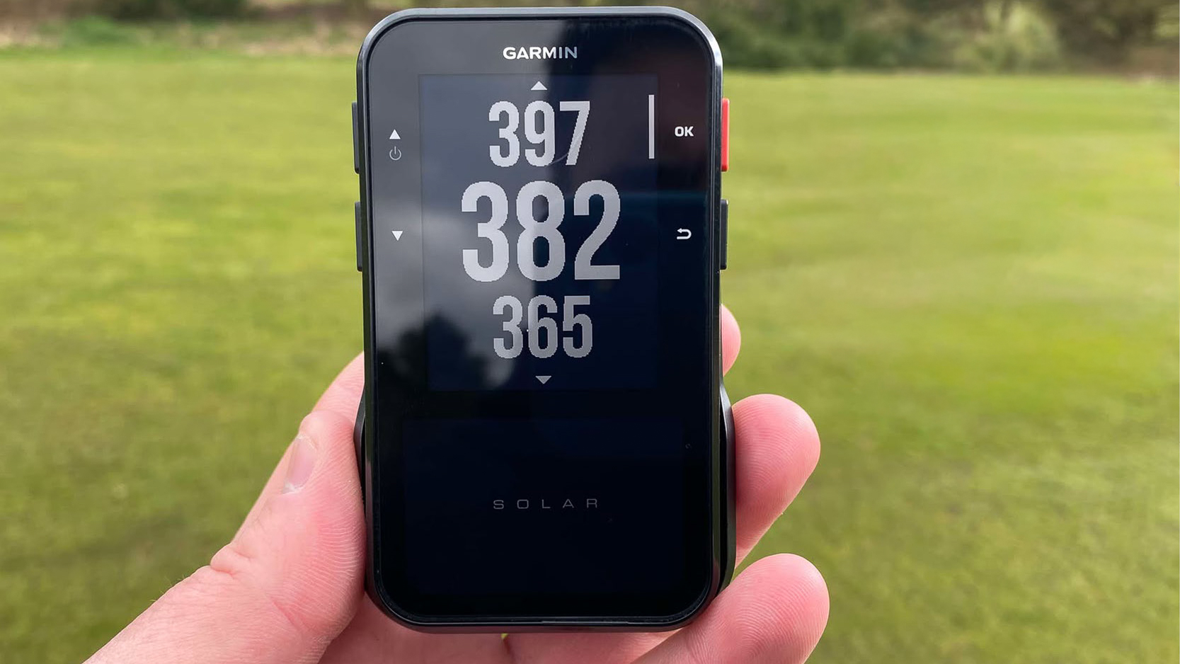 The Garmin Approach G20 Solar GPS in testers hand