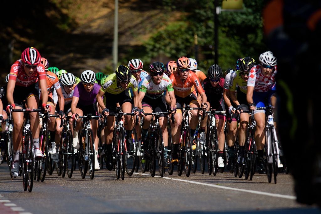 The peloton spread across the road on the first time up the Cauberg