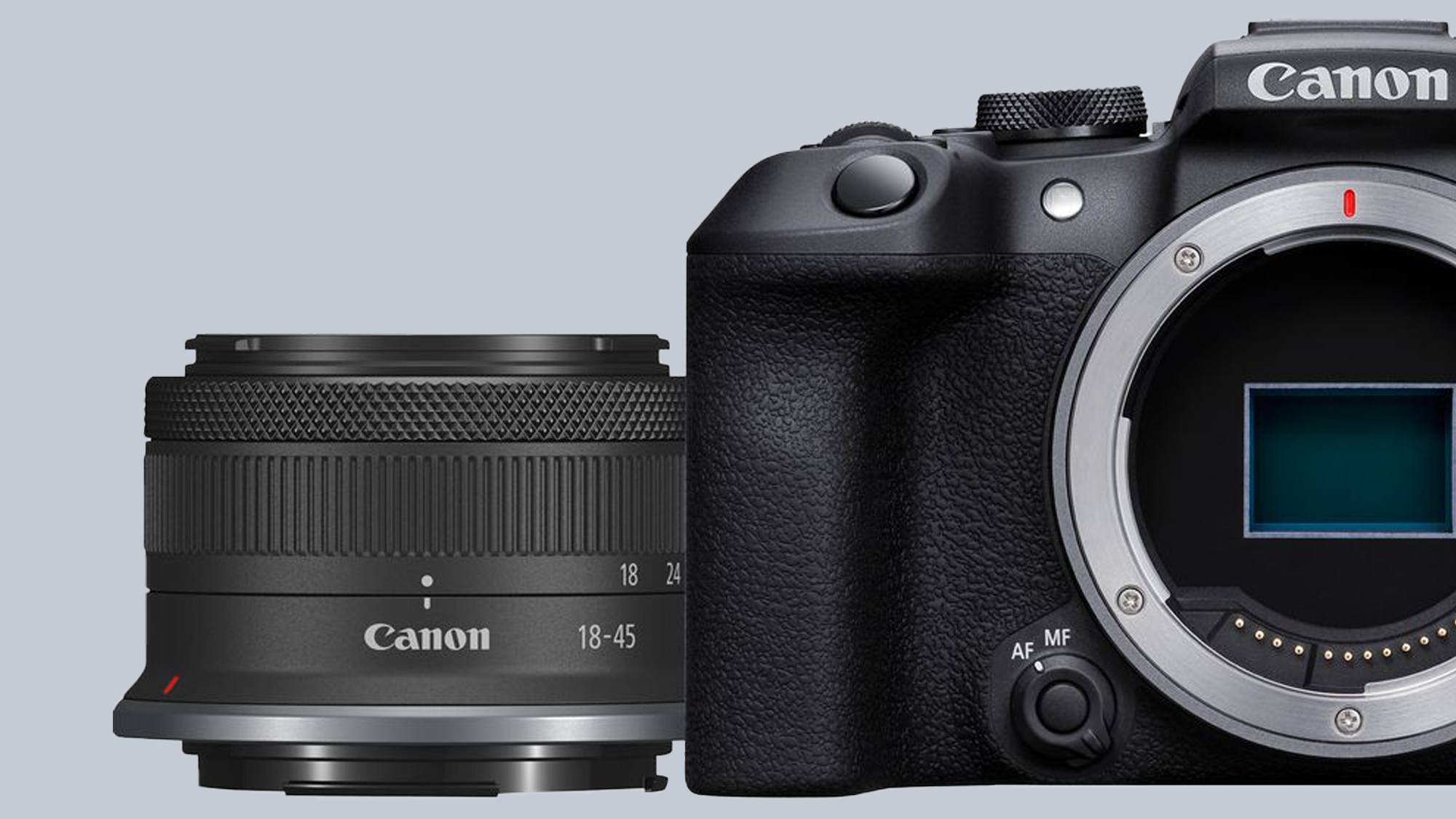 The lens standing next to the Canon EOS R10 camera
