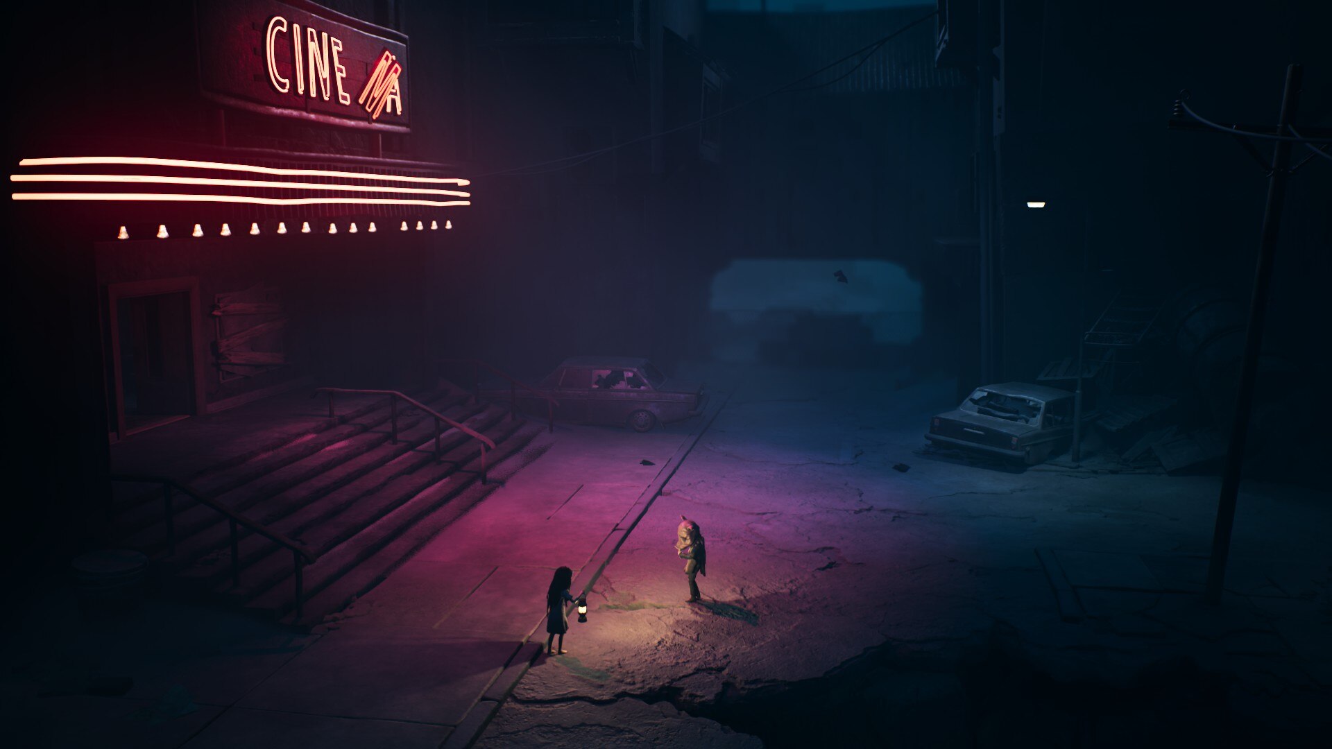 Two figures stand outside a neon-lit cinema