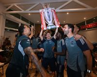 Arsenal stars Gabriel Magalhaes, Martin Odegaard, Bukayo Saka and Mikel Merino celebrate
