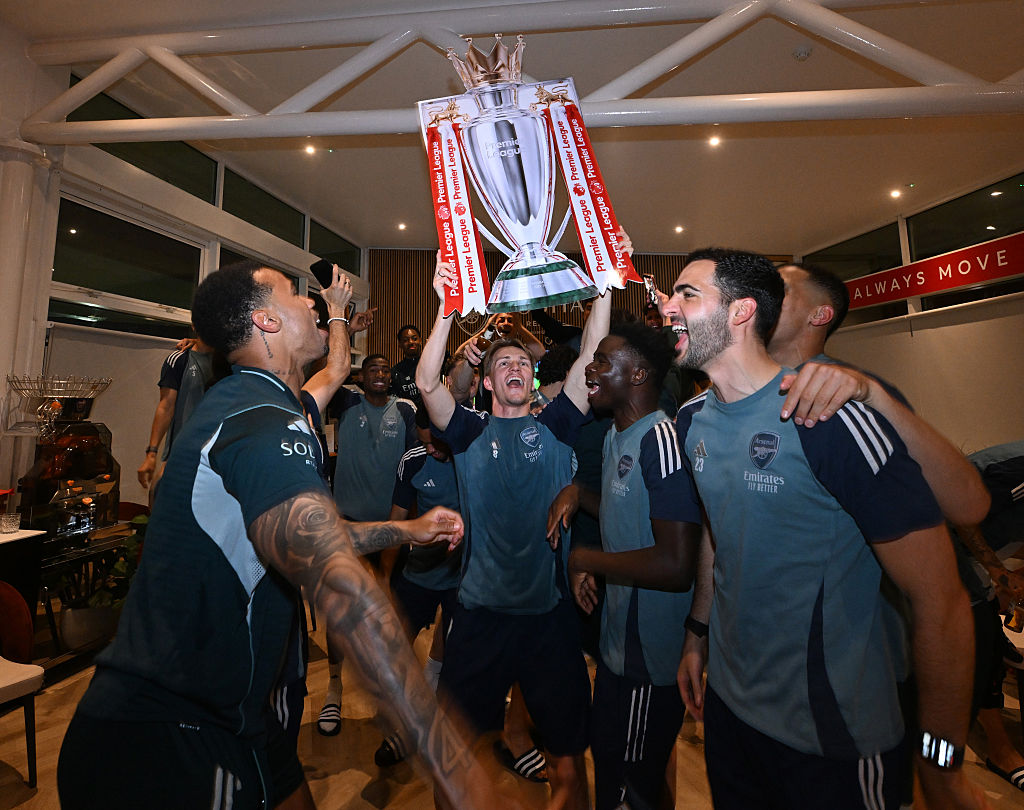 Arsenal stars Gabriel Magalhaes, Martin Odegaard, Bukayo Saka and Mikel Merino celebrate 