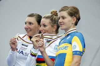The podium (l-r): Lisa Brennauer (Germany), Pauline Ferrand-Prevot (France) and Emma Johansson (Sweden)