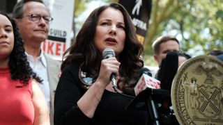 AUGUST 01: SAG-AFTRA President Fran Drescher addresses picketers at New York City Hall on Tuesday as members of the actors SAG-AFTRA union continue to walk the picket line with screenwriters outside of major studios across the country on August 01, 2023 in New York City. Drescher spoke ahead of a New York City Council hearing for resolutions backing the striking actors and writers. Members of SAG-AFTRA, Hollywood’s largest union which represents actors and other media professionals, joined striking WGA (Writers Guild of America) workers in the first joint walkout against the studios since 1960. 