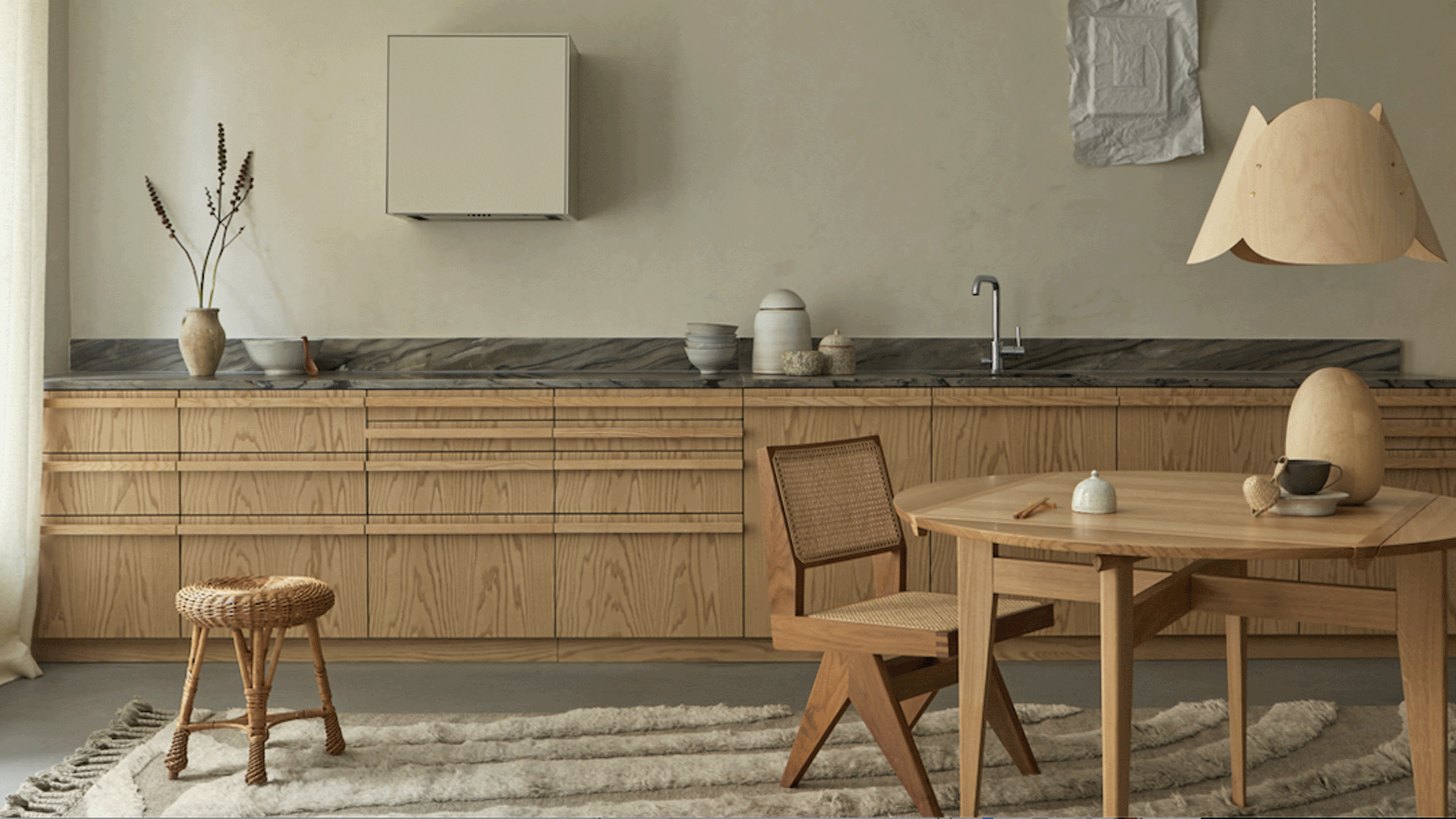 Wooden kitchen with fluffy cream rug