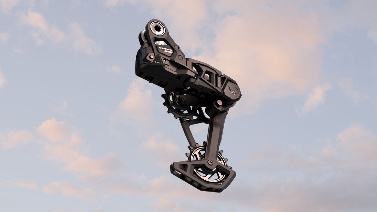 SRAM S-1000 Eagle Transmission derailleur on a cloudy sky background