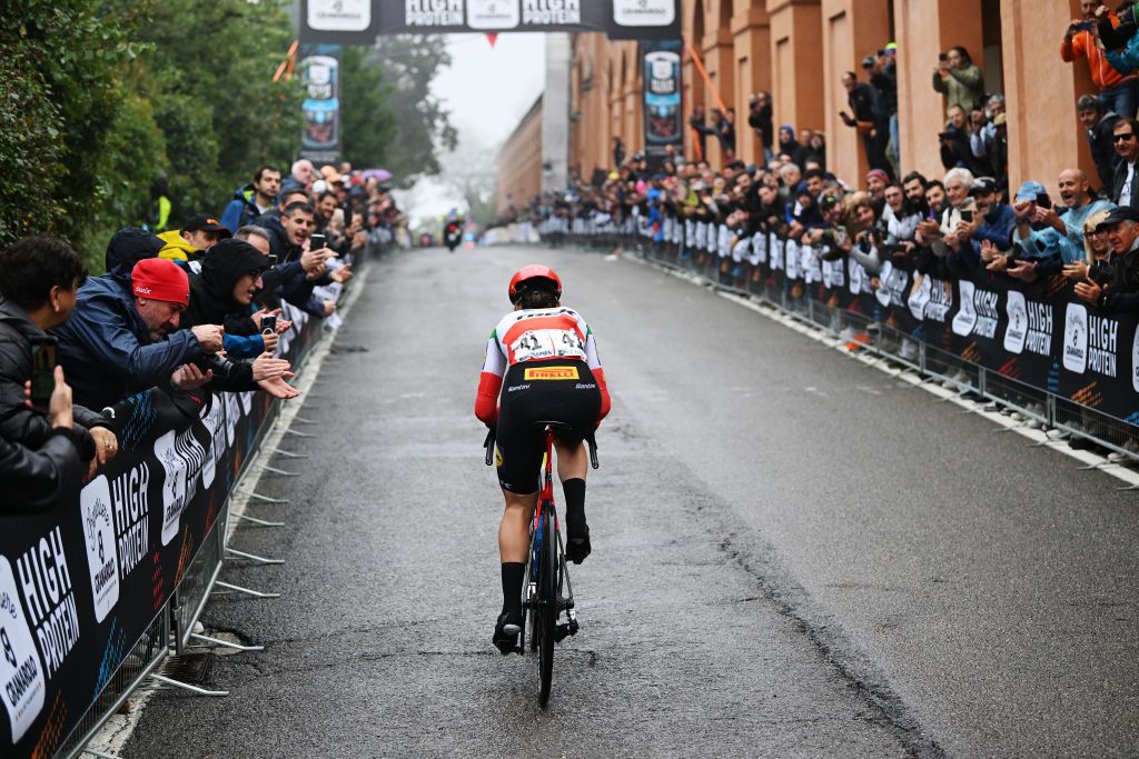 SAN LUCA ITALY OCTOBER 05 Elisa Longo Borghini of Italy and Team LidlTrek attacks in the breakaway during the 11th Giro dellEmilia Internazionale Donne Elite 2024 a 1138km one day race from Vignola to Bologna San Luca 267m on October 05 2024 in San Luca Italy Photo by Dario BelingheriGetty Images