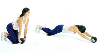Woman demonstrating how to do a plank with an ab roller