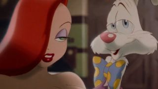 Jessica Rabbit looks at a suavely smiling Roger inWho Framed Roger Rabbit.