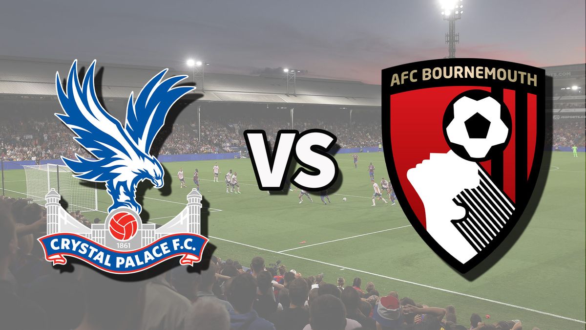 The Crystal Palace and AFC Bournemouth club badges on top of a photo of Selhurst Park in London, England