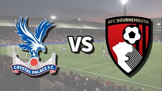 The Crystal Palace and AFC Bournemouth club badges on top of a photo of Selhurst Park in London, England