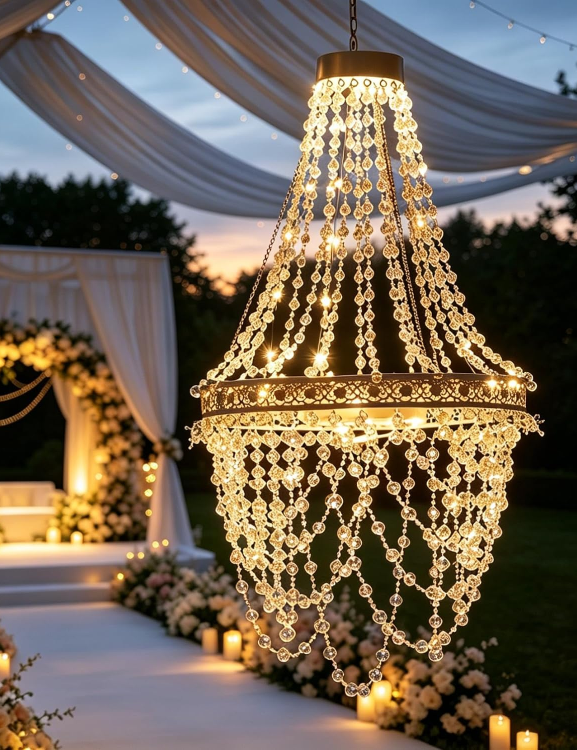 Antique-style solar chandelier glowing softly overhead at a wedding venue.