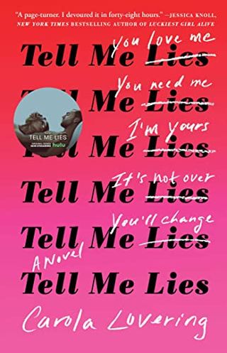 “Tell Me Lies” by Carola Loving, book cover with title in repeated text