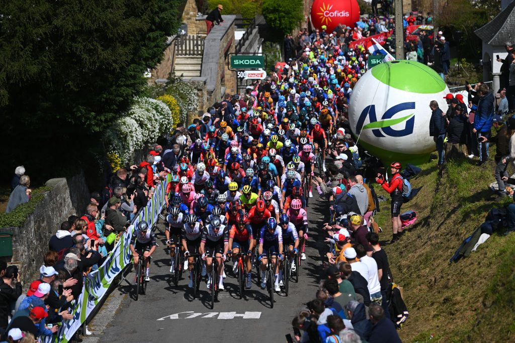 HUY BELGIUM APRIL 19 A general view of the peloton climbing to the Wall of Geraardsbergen Mur de Huy 204m while fans cheer during the 87th La Fleche Wallonne 2023 Mens Elite a 1943km one day race from Herve to Mur de Huy UCIWT on April 19 2023 in Huy Belgium Photo by Luc ClaessenGetty Images