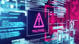 Malware concept art stock image showing digital interface with warning symbol indicating malware compromise