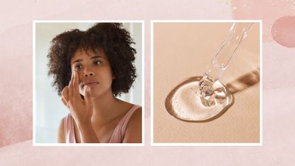A close up of a woman with curly hair applying skincare to her cheek, alongside a picture of a glass pipette dripping a clear serum on to a beige surface/ in a pink watercolour template