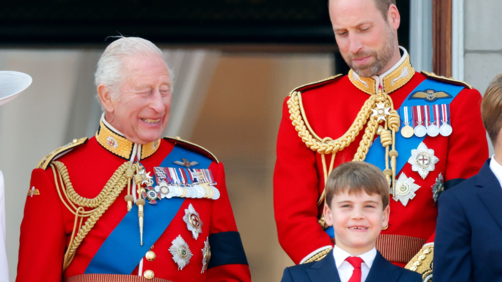 King Charles, Prince William and Prince Louis on the balcony of Buckingham Palace