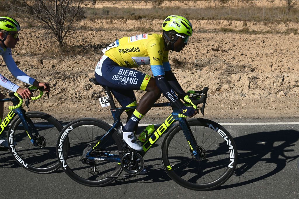 ALTO DE PINOS SPAIN FEBRUARY 02 Biniam Girmay of Eritrea and Team Intermarche Circus Wanty Yellow Leader Jersey competes during the 74th Volta a la Comunitat Valenciana 2023 Stage 2 a 1782km stage from Novelda to Alto de Pinos 621m VCV2023 VoltaValenciana on February 02 2023 in Alto de Pinos Spain Photo by Dario BelingheriGetty Images