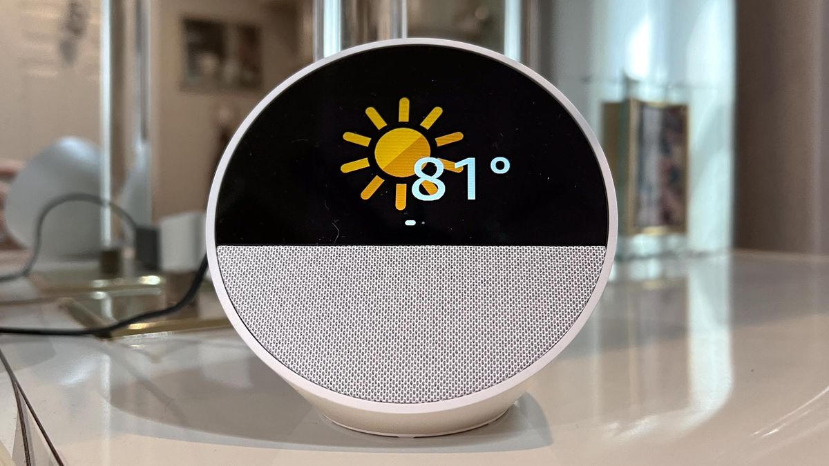 Echo Spot shows weather on nightstand