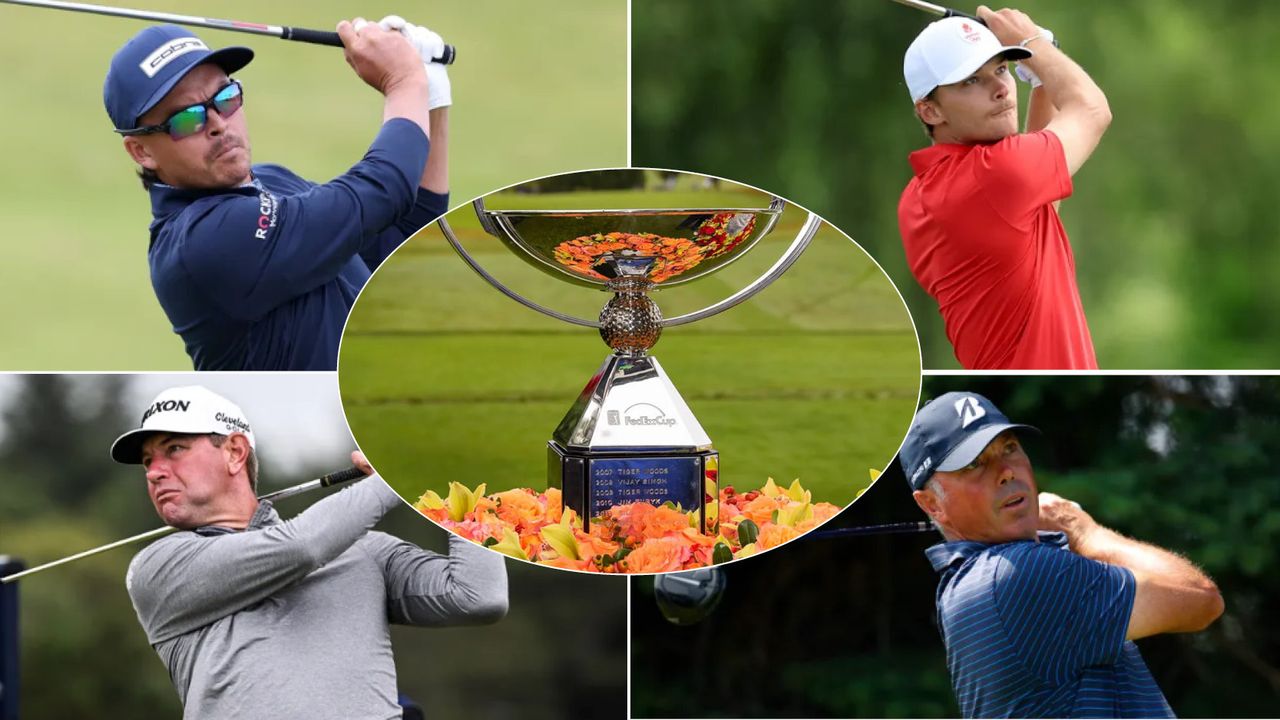 Images of Rickie Fowler, Nicolai Hojgaard, Lucas Glover, Matt Kuchar and the FedEx Cup trophy