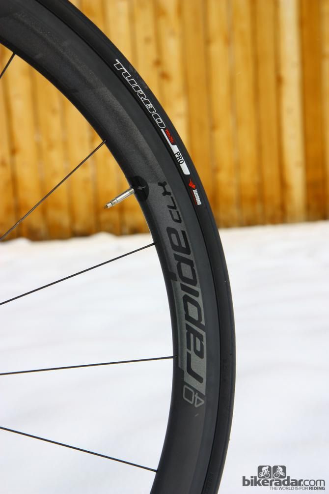 Specialized's house brand Roval Rapide CLX 40 carbon clinchers are pretty light at just under 1,400g (claimed) but braking performance is poor with the stock pads (even in dry conditions) and they're easily blown around in crosswinds.
