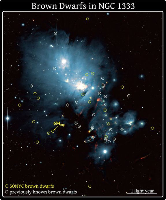 Brown dwarfs in the young star cluster NGC 1333. This photograph combines optical and infrared images taken with the Subaru Telescope. Brown dwarfs newly identified by the SONYC Survey are circled in yellow, while previously known brown dwarfs are circled in white. The arrow points to the least massive brown dwarf known in NGC 1333; it is only about six times heftier than Jupiter.