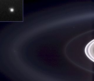 This image was taken by the Cassini spacecraft's wide-angle camera on Sept. 15, 2006, at a distance of 1.3 million miles from Saturn and about 930 million miles from Earth. The moon Enceladus is also captured on the left, swathed in blue and trailing its plume of water ice particles through Saturn's E ring.