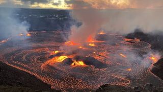 A photo of a volcano spewing lava