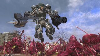 still from a space-based video game showing a leaping soldier in a large mechanized suit