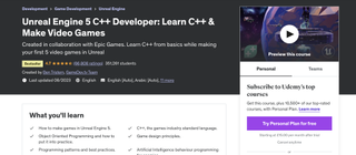 A screenshot of the Udemy website showing the landing page for "Unreal Engine 5 C++ Developer: Learn C++ & Make Video Games"