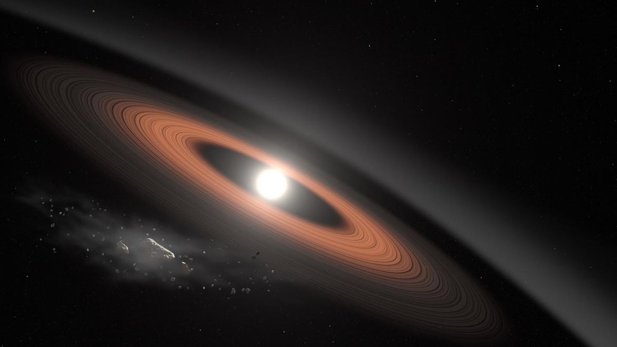 An artist&#039;s depiction of a star known as LSPM J0207+3331, which scientists believe is an old white dwarf surrounded by a dust ring.