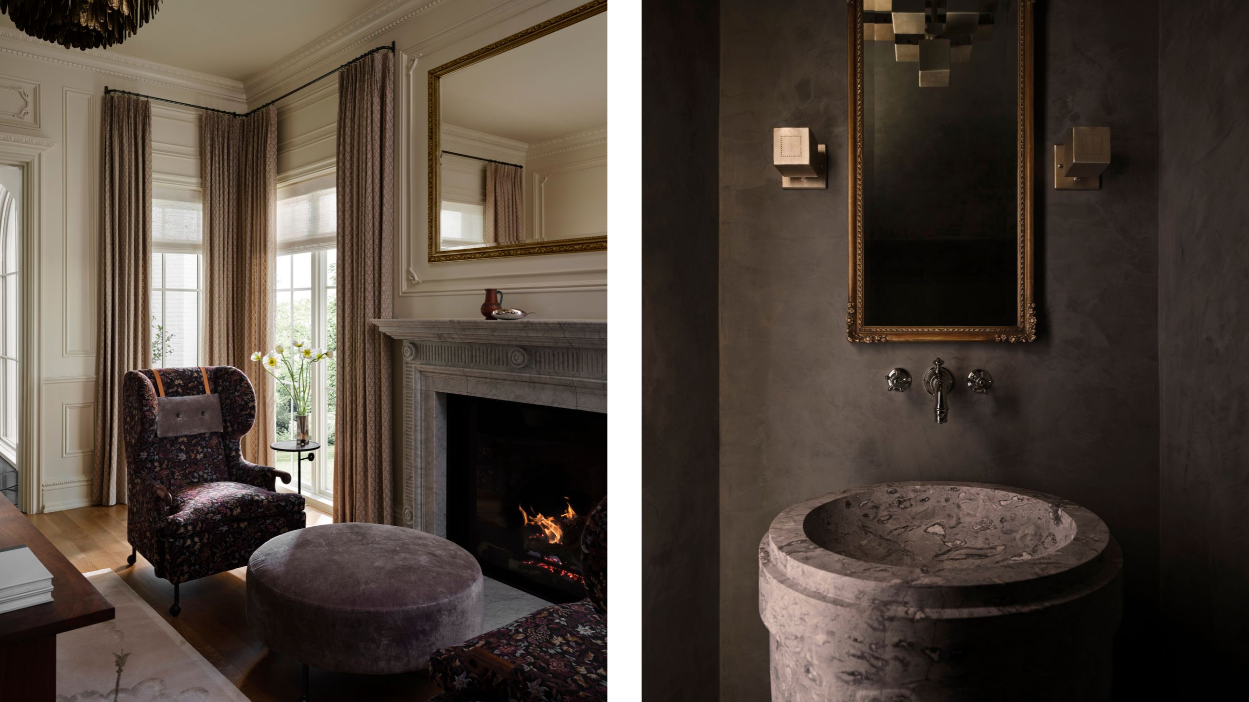 two side by side images of a moody home office with lit fireplace and a dark brown powder room